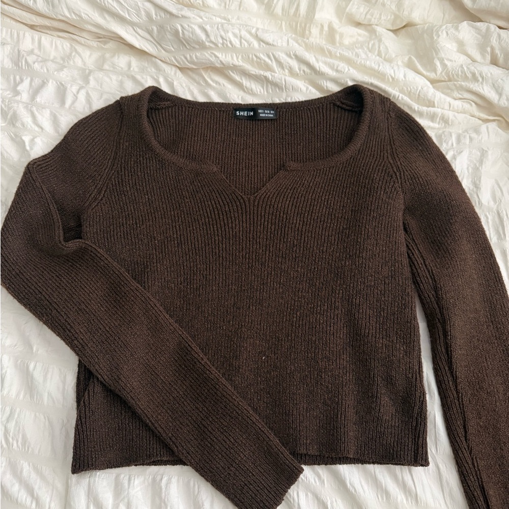 SHEIN Chocolate Brown V-Neck Ribbed Knit Sweater